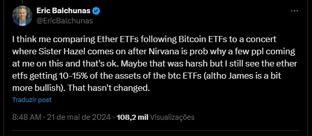 Eric Balchunas, especialista da Bloomberg em ETFs, falando sobre ETFs de Ethereum. Fonte: Twitter/Reprodução.