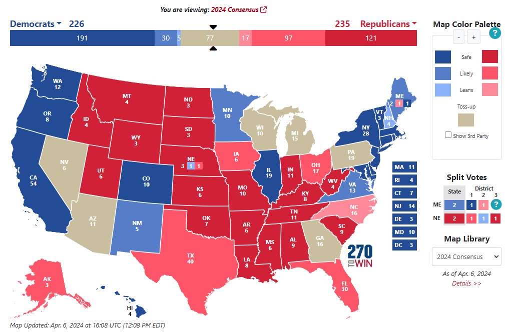 Mapa mostra que Democratas e Republicanos estão empatados na corrida presidencial. Fonte: 270towin.