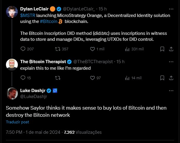Luke Dashjr, desenvolvedor do Bitcoin, mostra oposição à nova solução da MicroStrategy. Fonte: Twitter/Reprodução.