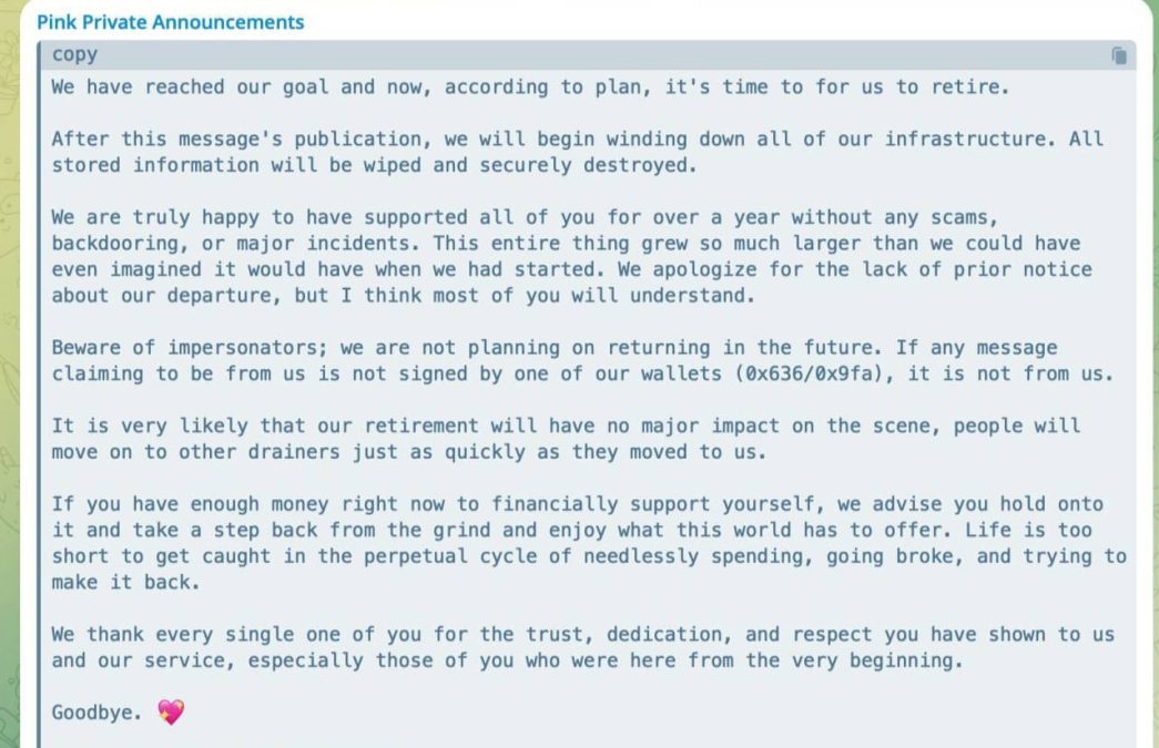 Hackers da Pink Drainer anunciam aposentadoria. Fonte: ZachXBT/Reprodução.