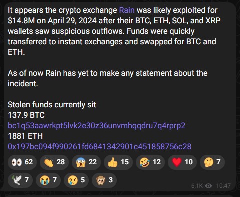 ZachXBT, famoso investigador on-chain, sobre o suposto hack da corretora Rain. Fonte: Telegram/Reprodução.