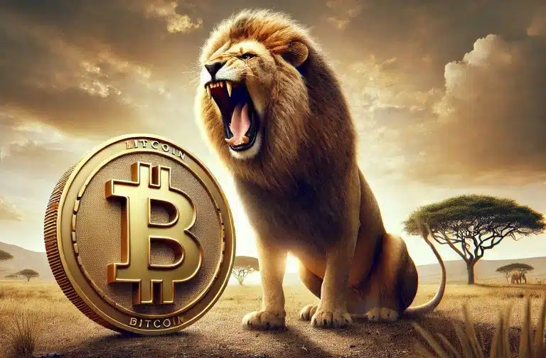 Leão e bitcoin (Imagem gerada por AI)