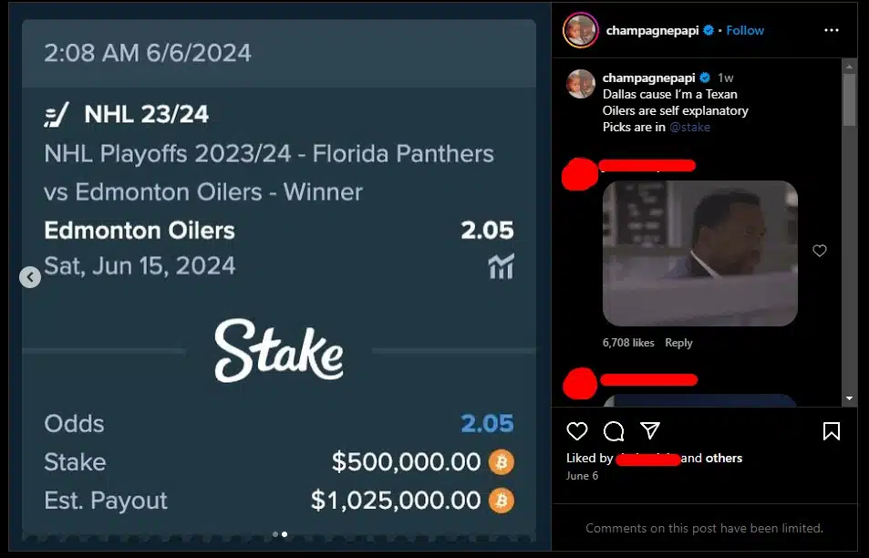 Rapper Drake publica apostas desportivas com Bitcoin nas redes sociais. Fonte: Instagram/Reprodução.