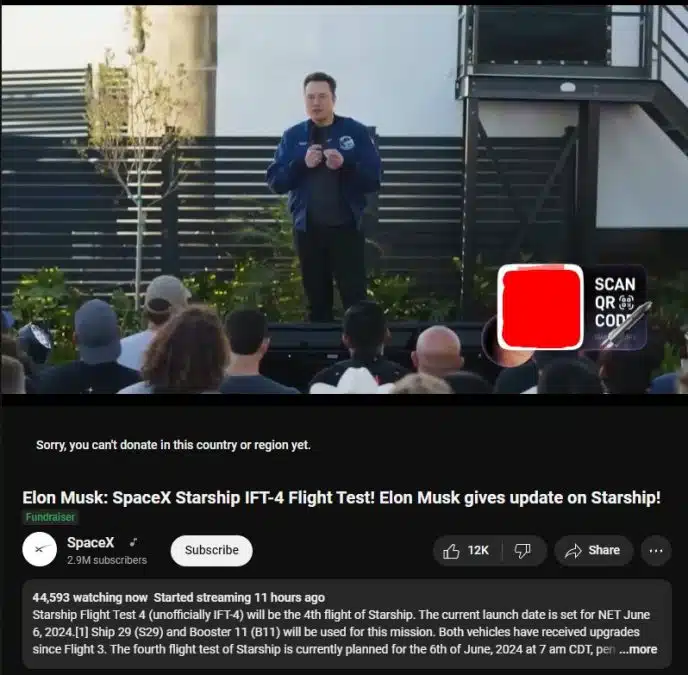 Golpistas fazem live em canal falso da SpaceX para promover golpe com criptomoedas usando deepfake de Elon Musk. Fonte: Reproduçaõ.