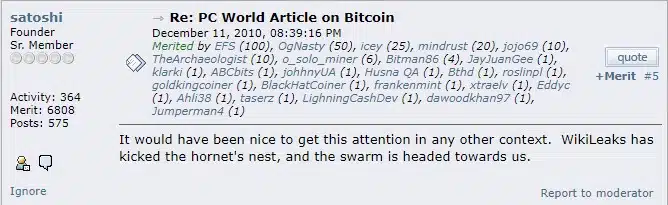 Satoshi Nakamoto sobre WikiLeaks aceitando doações em Bitcoin. Fonte: Bitcointalk.