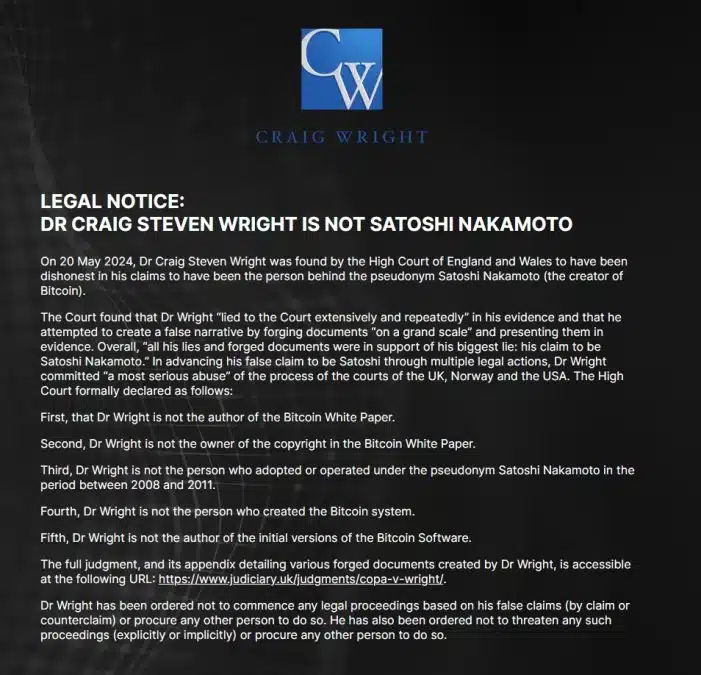 Site oficial de Craig Wright mostra mensagem afirmando que australiano não é Satoshi Nakamoto, criador do Bitcoin. Fonte: craigwright.net