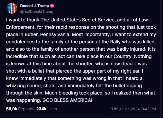 Donald Trump, ex-presidente dos EUA, falando sobre tentativa de assassinato que sofreu neste sábado (13). Fonte: Truthsocial.