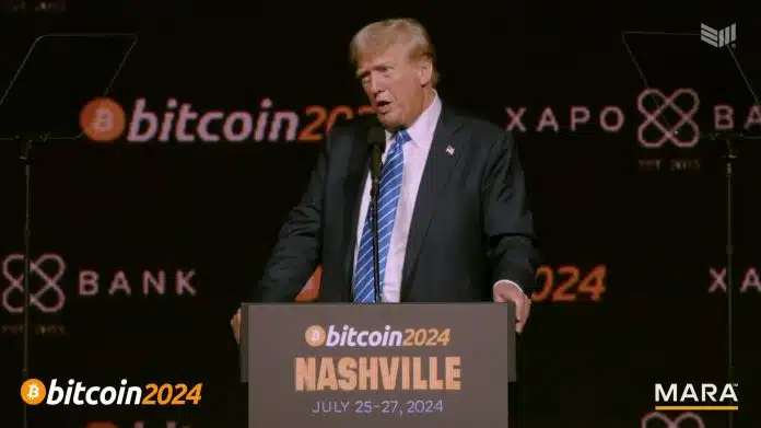 Donald Trump, ex-presidente e candidato a presidência dos EUA, na maior conferência de Bitcoin do mundo. Fonte: Bitcoin Magazine/Reprodução.