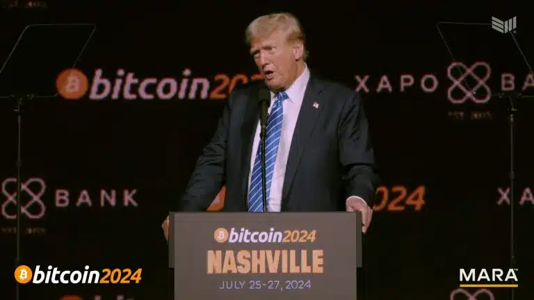 Donald Trump, ex-presidente e candidato a presidência dos EUA, na maior conferência de Bitcoin do mundo. Fonte: Bitcoin Magazine/Reprodução. criptomoedas blockchain