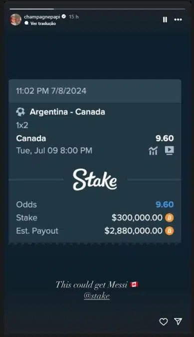 Drake aposta R$ 1,6 milhão (US$ 300.000) em Bitcoin que Canadá vencerá Argentina. Fonte: Instagram/Reprodução.