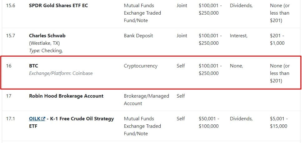 J.D. Vance, vice de Donald Trump, possui investimentos em Bitcoin. Fonte: Senado americano.