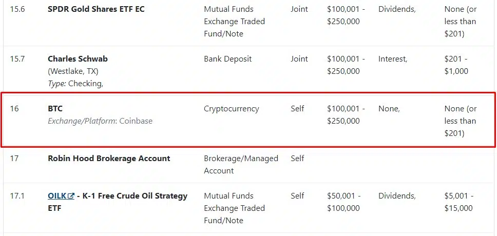 J.D. Vance, vice de Donald Trump, possui investimentos em Bitcoin. Fonte: Senado americano.