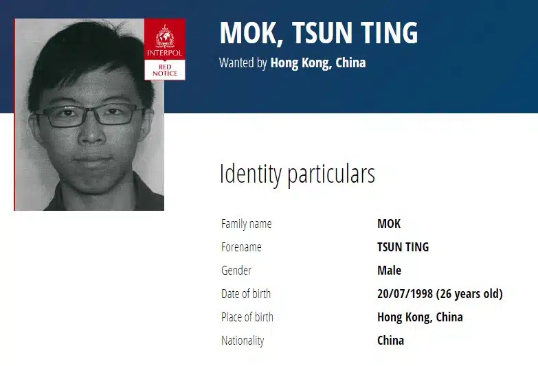 Alerta vermelho da Interpol sobre Mok Tsun-ting.
