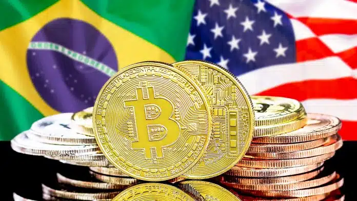 Bitcoin e Bandeiras dos Estados Unidos e Brasil