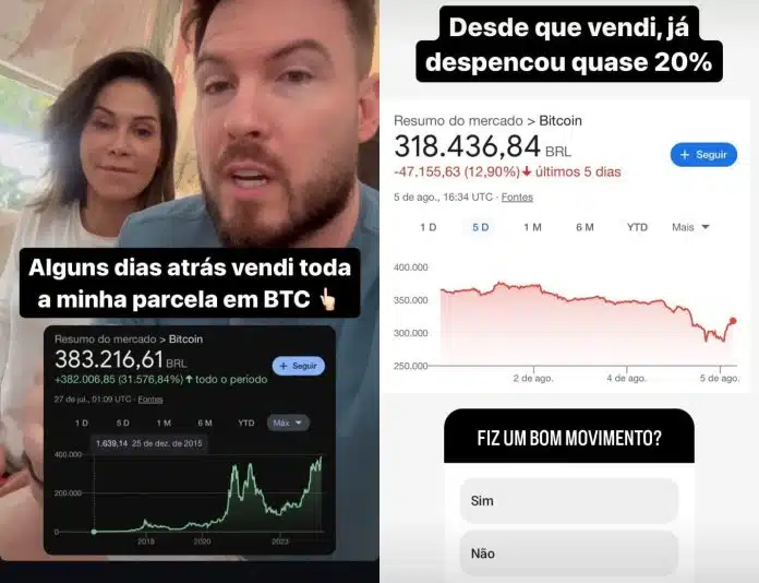 Primo Rico posta foto ao lado de Maíra Cardi reforçando que se desfez de bitcoins e questionando seguidores no Instagram