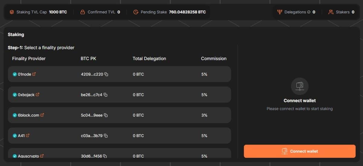 Página de staking de Bitcoin da Babylon, mostrando que 760 bitcoins estão em espera para staking, limite é de 1.000 bitcoins. Fonte: Babylon.