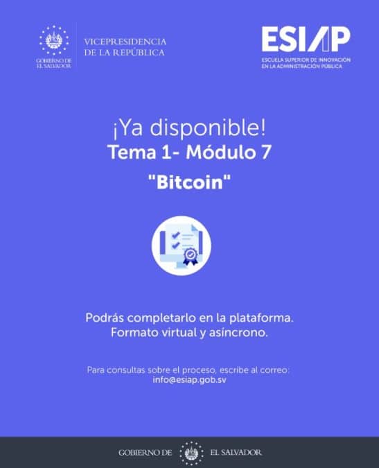 Módulo sobre Bitcoin em treinamento de funcionários públicos de El Salvador. Fonte: Reprodução.