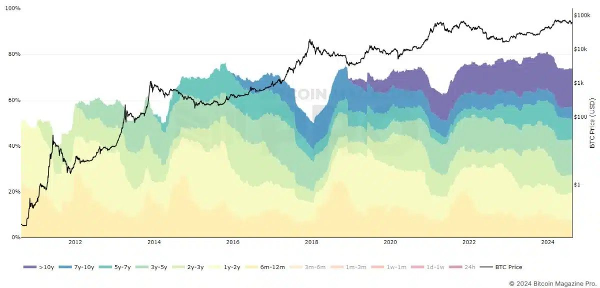 Dados on-chain mostram que investidores de Bitcoin estão pensando no longo prazo. Fonte: Bitcoin Magazine Pro.