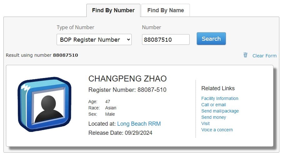 Registros mostram que Changpeng Zhao, fundador da Binance, foi transferido para a penitenciária Long Beach RRM. Fonte: BoP.