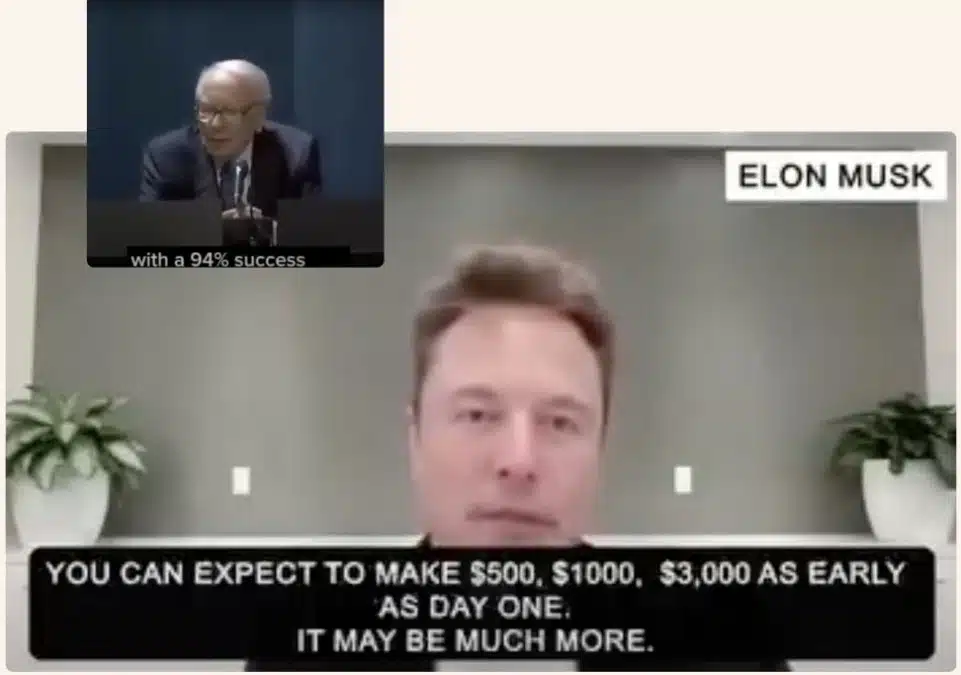 Bilionários famosos, como Elon Musk e Warren Buffett, frequentemente aparecem em golpes de deepfake. Fonte: Sensity/Reprodução.