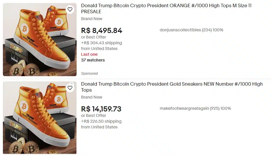 Tênis de Bitcoin lançado por Donald Trump esgota vendas e já são vendidos no eBay por R$ 8.500.