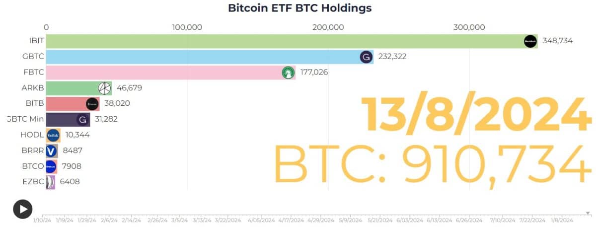 ETFs americanos já detém mais de 910 mil bitcoins. BlackRock, Grayscale e Fidelity lideram corrida. Fonte: HeyApollo.