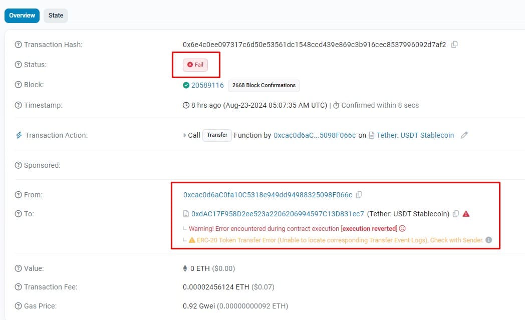 Falha em transação de USDT por endereço congelado pela Tether nesta semana. Fonte: EtherScan.