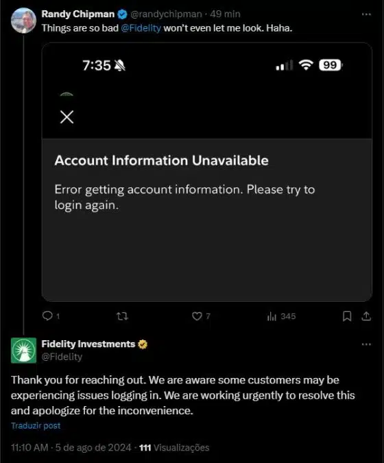 Fidelity reconhece problema em seu sistema e diz estar trabalhando para resolvê-lo. Fonte: Twitter.