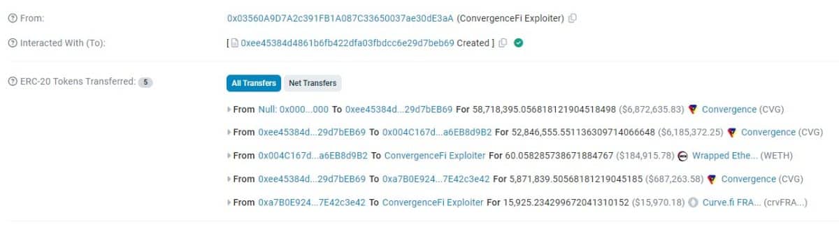 Uma das transações do hack da Convergence Finance. Fonte: EtherScan.