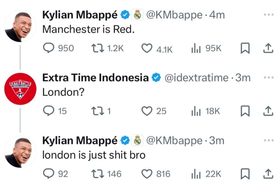 Conta hackeada de Mbappé também explorou rivalidade de clubes ingleses, além de zombar da capital da Inglaterra. Fonte: Reprodução.