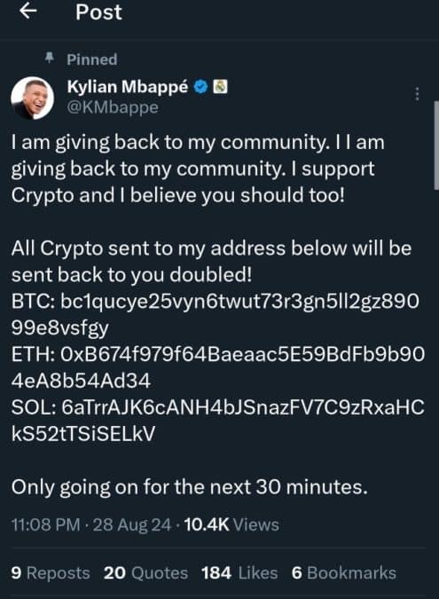 Conta hackeada de Kylian Mbappé promovendo golpe com criptomoedas. Fonte: Reprodução.