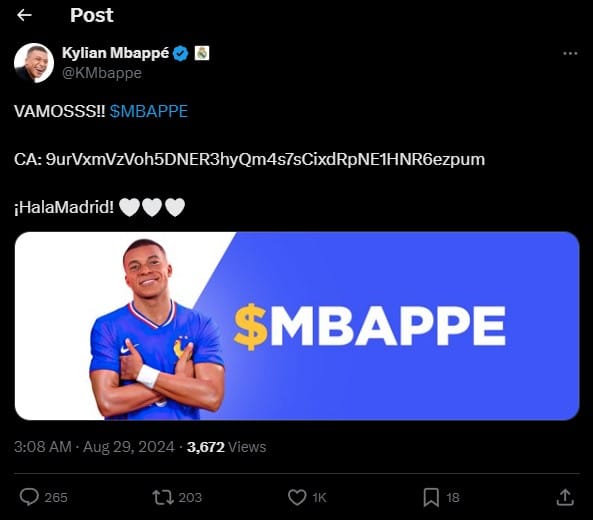 Conta de Kylian Mbappé posta contrato de criptomoeda no Twitter. Fonte: Reprodução.