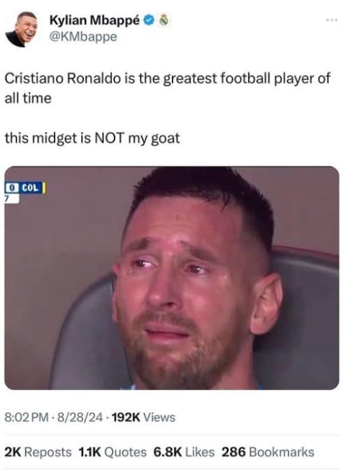 Twitter de Kylian Mbappé é hackeado e zomba de Lionel Messi. Fonte: Reprodução.