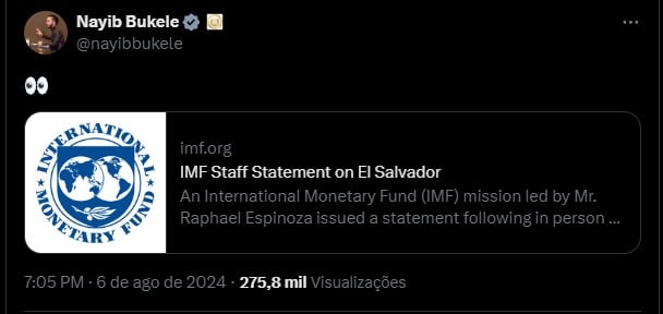 Nayib Bukele, presidente de El Salvador, comenta estudo do FMI. Fonte: Twitter.