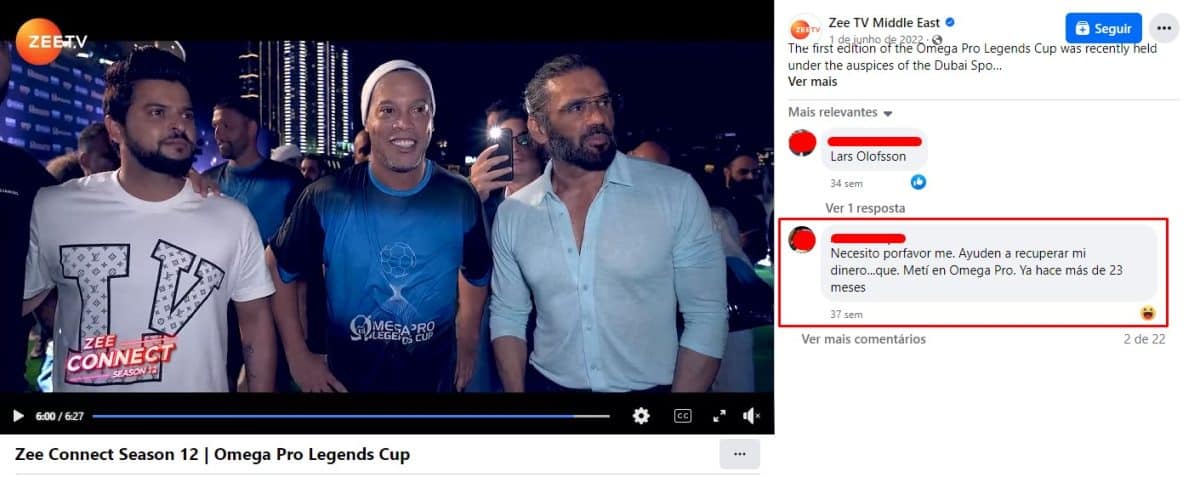 Enquanto Ronaldinho Gaúcho aparece sorrindo vestindo camisa da OmegaPro, vítima da pirâmide financeira se mostra desesperada nos comentários enquanto pede ajuda para reaver seu investimento. Fonte: Facebook.