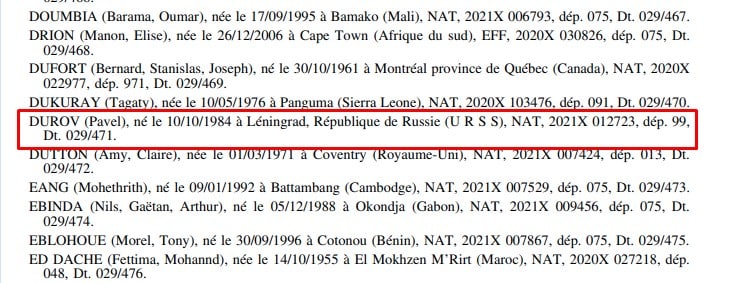 Documento afirmando que Pavel Durov se tornou cidadão francês. Fonte: Légifrance.