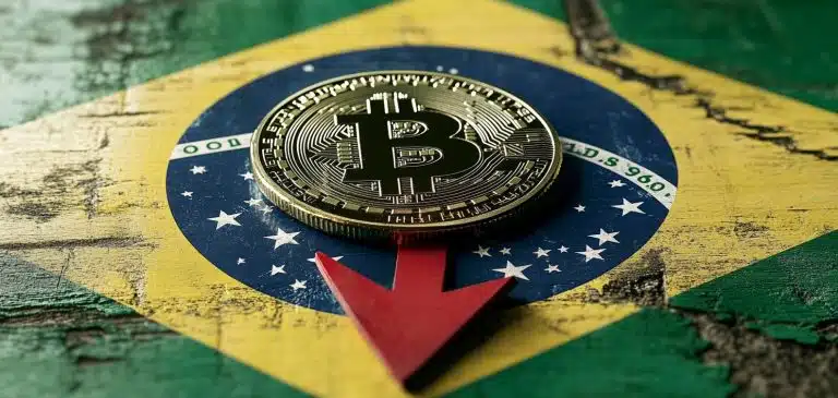 Bitcoin em frente a bandeira do Brasil com seta para baixo queda