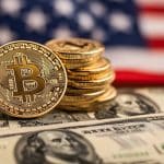 Bitcoin e bandeira dos EUA (MidJourney)