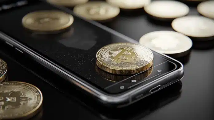 Bitcoin em cima de um celular (Midjourney)