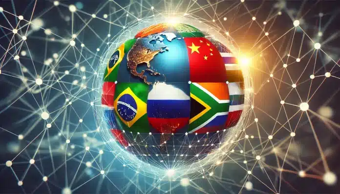 Foco no mundo com a bandeira dos países membros do BRICS