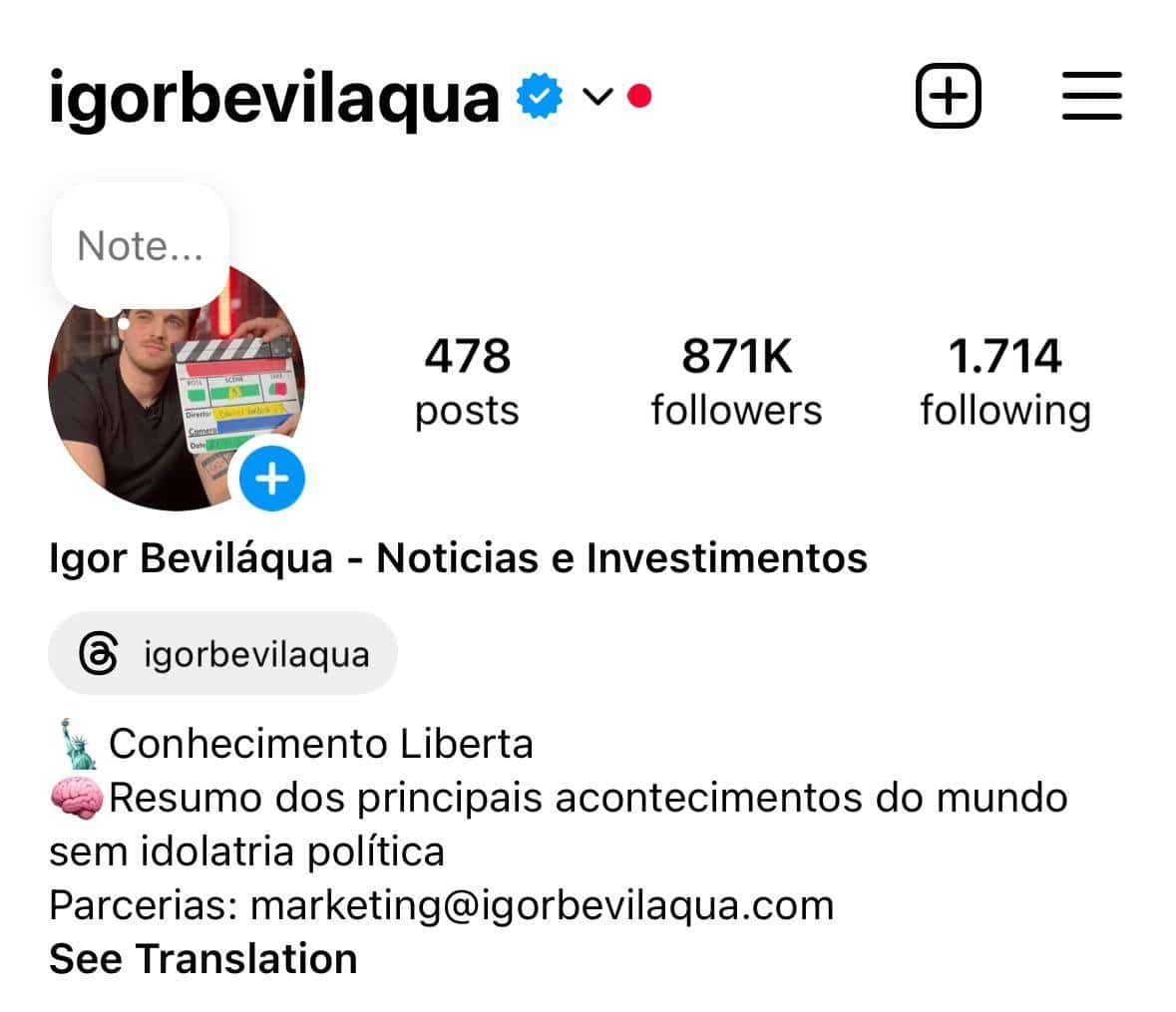 Igor Bevilaqua perdeu conta com quase 900 mil seguidores no Instagram