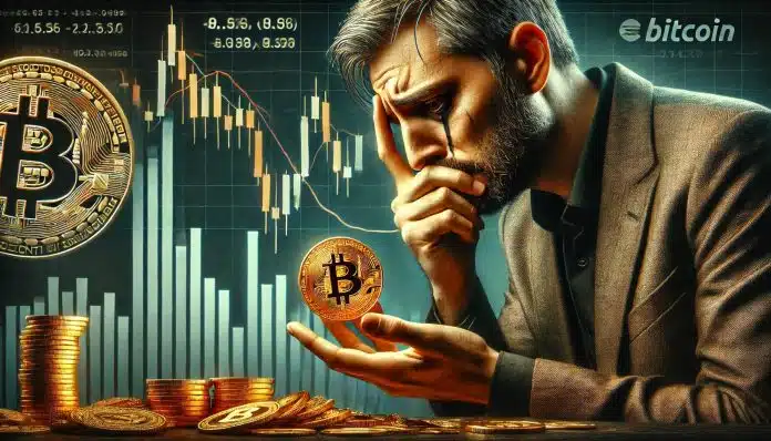 Investidor triste de bitcoin segurando moeda