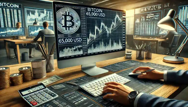 Trader analisando o preço do bitcoin na região dos 65 mil dólares