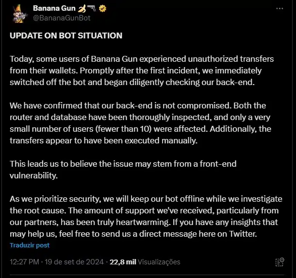 Equipe do Banana Gun Bot se pronuncia sobre hack. Fonte: X/Reprodução.