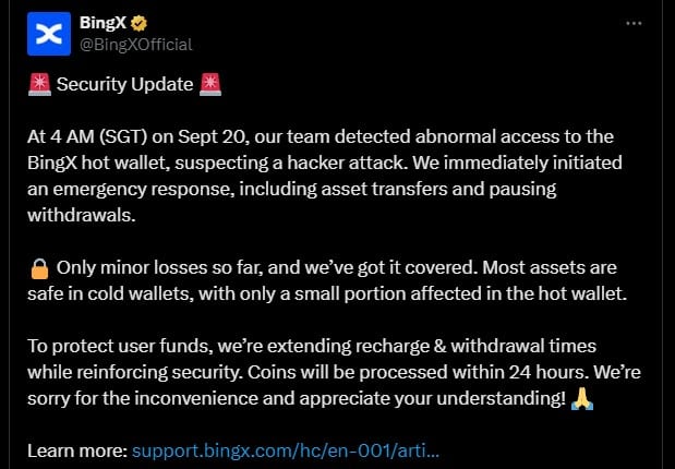BingX reconhece hack e afirma ter pausado depósitos e retiradas.