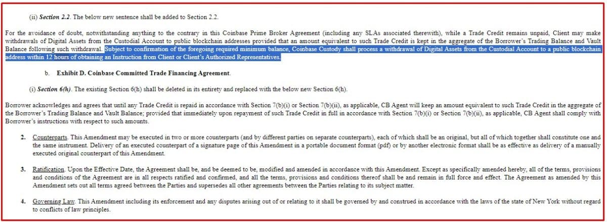 BlackRock muda termos em seu contrato com a Coinbase, exigindo que retiradas sejam processadas em até 12 horas. Fonte: SEC/Reprodução.