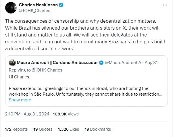 Fundador da Cardano trata banimento do X no Brasil como censura e quer criar rede social descentralizada.