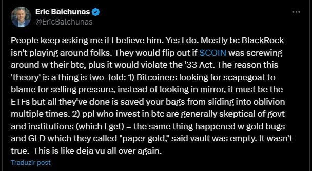 Eric Balchunas, especialista da Bloomberg em ETFs, sai em defesa da Coinbase.