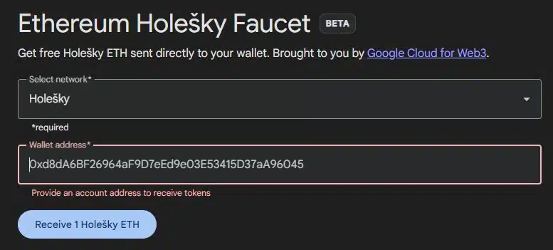 Google oferece faucet de ETH nas testnets Holesky e Sepolia do Ethereum.