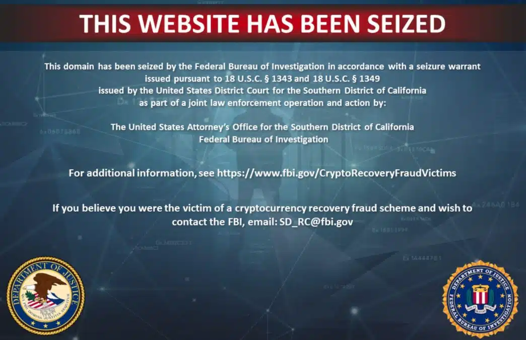 Site apreendido pelo FBI por aplicar golpes em investidores de criptomoedas que haviam perdido suas moedas. Fonte: Reprodução.